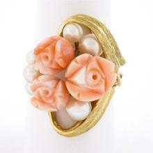 Vintage 14K Gold Carved Angel Skin Coral Pearl Rose Flower Bouquet Cocktail Ring