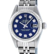 Rolex Ladies Stainless Steel Quickset Blue Diamond Datejust Wristwatch 26MM