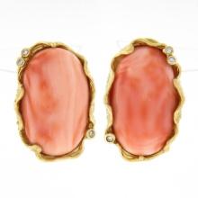 Large 14K Gold Oval Cabochon Coral w/ Diamond Textured Freeform Frame Earrings