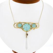 Antique Arts & Crafts 18K Gold Flower Carved Turquoise Crystal Dangle Necklace