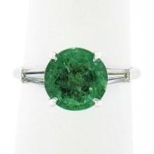 Vintage Platinum 3.04 ctw GIA Round Brilliant Green Emerald Baguette Diamond Rin