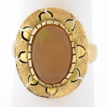 Vintage 14k Yellow Gold Oval Cabochon Jelly Opal Textured Open Work Platter Ring