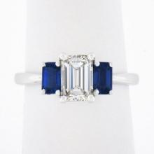 New Platinum 1.71 ctw GIA Emerald Cut Diamond & Sapphire 3 Stone Engagement Ring