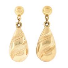 Vintage 14K Yellow Gold Puffed Textured Polished Tear Drop Dangle Earrings