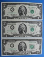 Lot of 3 - 1976 Federal Reserve Bank Note Two Dollar Bills $2