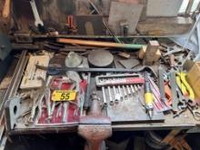 LOT: MISC. TOOLS, VISE GRIPS, PRY BAR, ALTAS COPCO PNEUMATIC WRENCH, HAND TOOLS, HOLESAW,