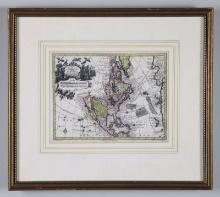 GROUP OF FIVE FRAMED ETCHINGS, PRINTS AND A MAP.