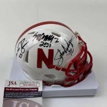 Autographed/Signed Johnny Rodgers, Mike Rozier, Eric Crouch Heisman Winners Mini Helmet JSA COA