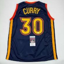 Autographed/Signed Stephen Steph Curry Golden State Navy Blue Throwback Basketball Jersey JSA COA