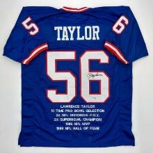 Autographed/Signed Lawrence Taylor New York Blue Stat Football Jersey Beckett BAS COA