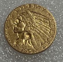 1908 Gold Quarter Eagle $2.5 Indian Head AU