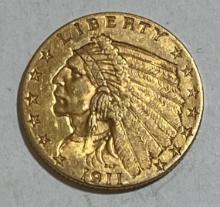 1911 Gold Quarter Eagle $2.5 Liberty Head AU
