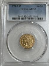 1914 D Gold Quarter Eagle $2.5 Liberty Head AU 53 PCGS