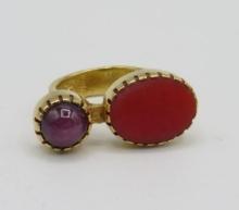 Yazzie Johnson and Gail Bird 18K Yellow Gold, Red Coral and Star Ruby Ring