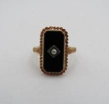 10K Yellow Gold, Black Onyx and Diamond Victorian Ring