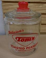 Toms Delicious Toasted Peanuts Glass Advertising Canister with Lid